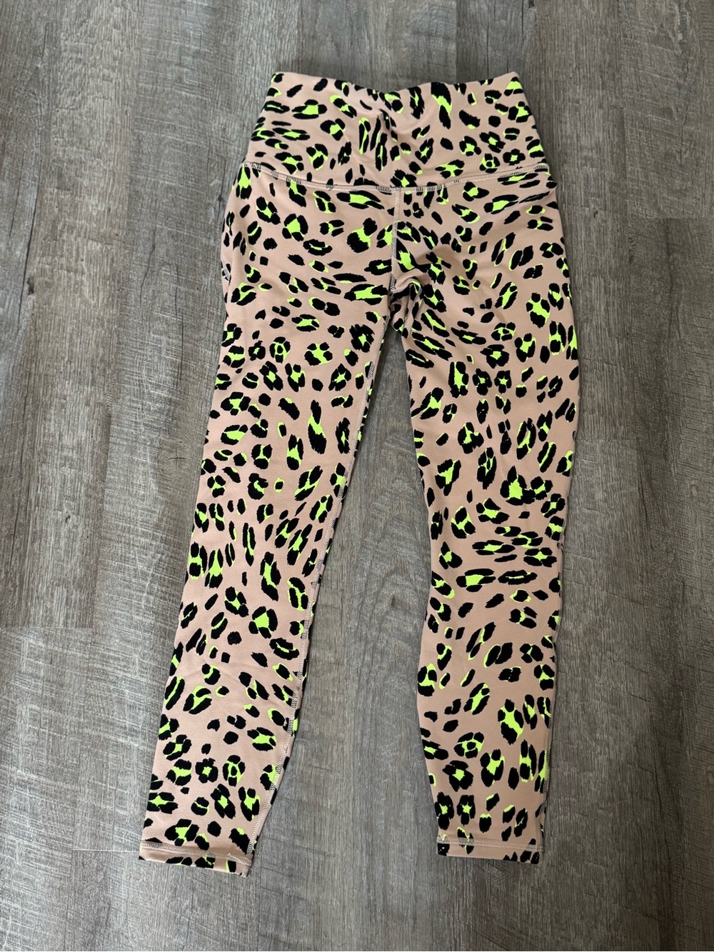 Fabletics Women’s Tan Leopard Print Active Leggings with Neon Accents, pocket